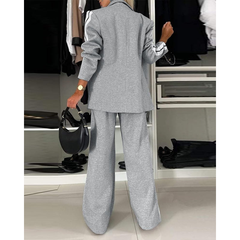 CHICME Womens Two Piece Outfits Striped Side Button Blazer and Pants with Pockets Sets Business Casual Pant Suits Set