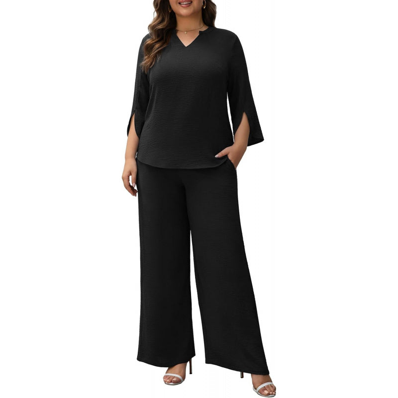 Pants Suits for Women Dressy Plus Size 2 Piece Sets 3/4 Sleeve Blouse Wide Leg Pant for Business Casual & Daily Wear
