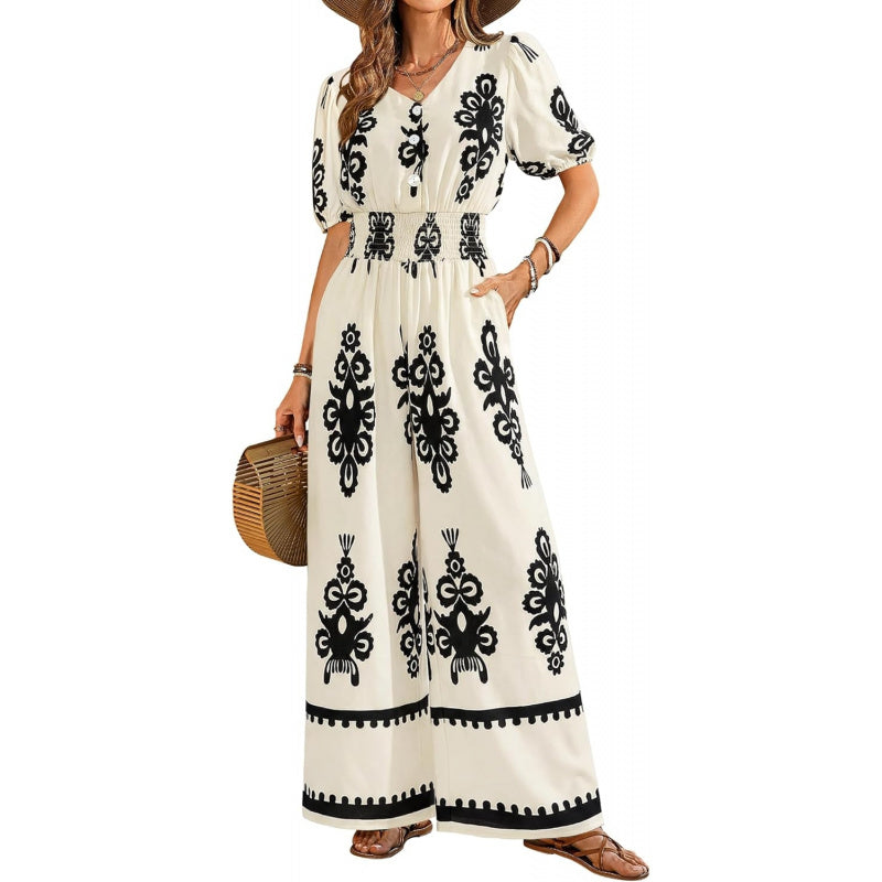 LOOKBOHO Womens Jumpsuits Short Sleeve V Neck Dressy Casual Wide Leg Pants Romper 2026 Summer One Piece Outfits
