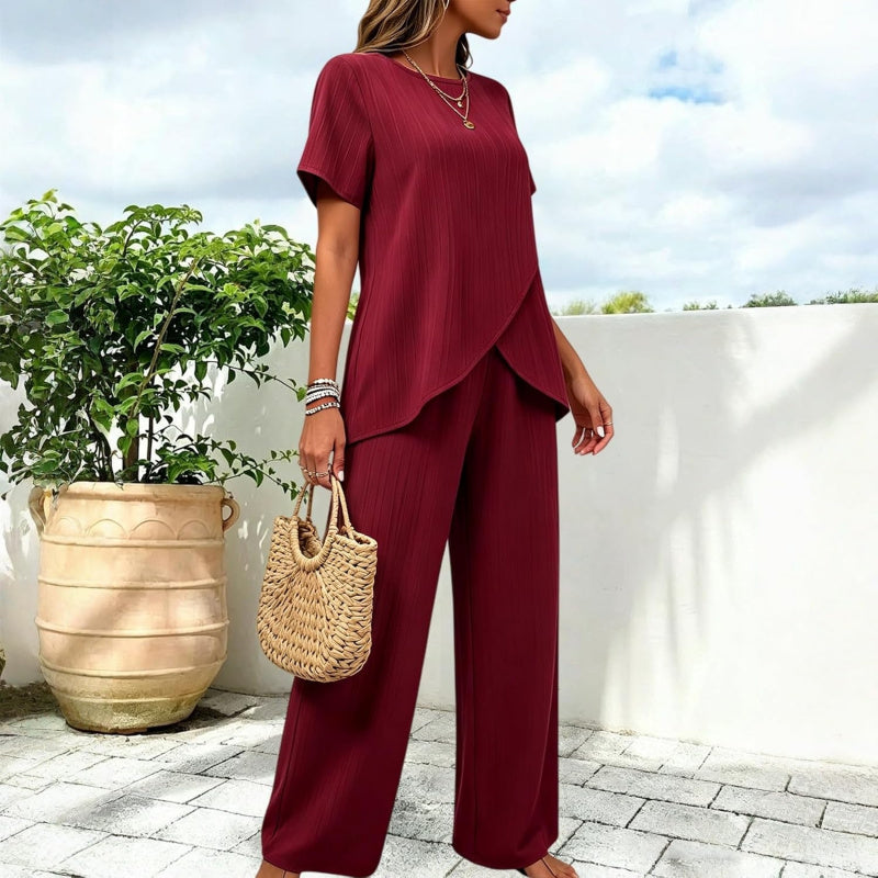 Pants Suits for Women Dressy Casual Summer Outfits 2026 Short Sleeve Ruffle Layered Tops Wide Leg Pants Matching Set