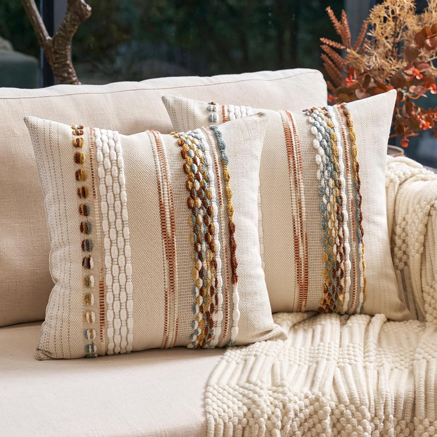 Aeckself Boho Throw Pillow Covers 18x18 Inch Set of 2, Farmhouse Decorative Striped Square Pillow Covers Chenille Tufted Pillow Cases Accent Neutral Pillowcase for Living Room Couch Bed, Orange White