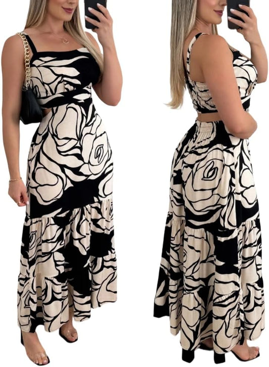 CHICME Summer Dresses for Women 2026 Sleeveless Casual Boho Maxi Dress Square Neck Cut Out Floral A Line Dress