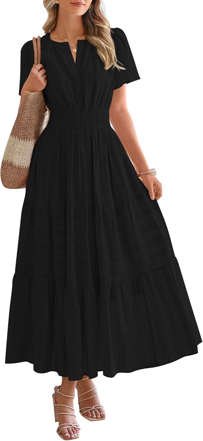 BTFBM Womens Summer 2026 Casual Midi Maxi Dresses Lightweight Short Sleeve V Neck Elastic Waist Boho Beach Dress Pockets