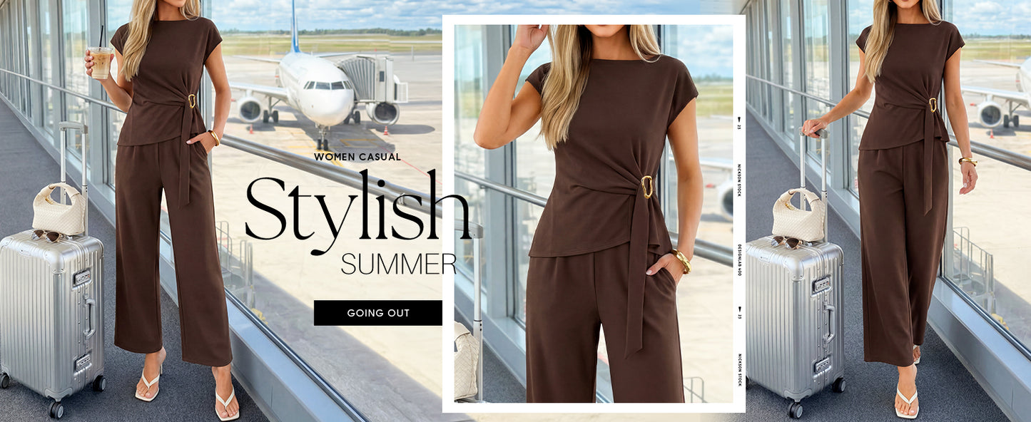 ZESICA Women's 2026 Summer 2 Piece Outfit Sets Casual Short Sleeve Knit Belted Tops and Wide Leg Pants Work Office Clothes