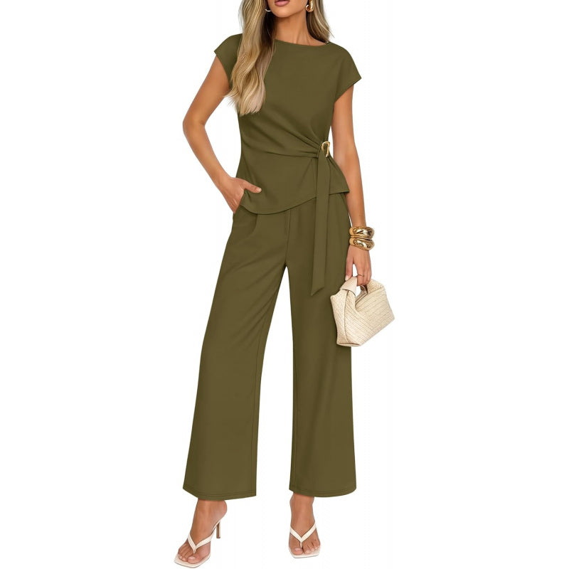 ZESICA Women's 2026 Summer 2 Piece Outfit Sets Casual Short Sleeve Knit Belted Tops and Wide Leg Pants Work Office Clothes
