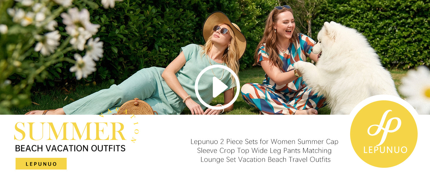 Lepunuo 2 Piece Sets for Women Summer Cap Sleeve Crop Top Wide Leg Pants Matching Lounge Set Vacation Beach Travel Outfits