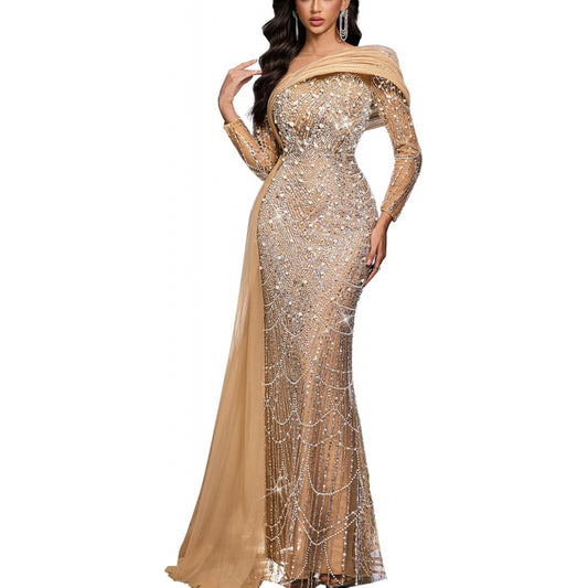 Women Sequin Beaded Mermaid Formal Evening Gown Long Sleeve Prom Dress Bodycon Wedding Guest Party Cocktail Maxi Dress