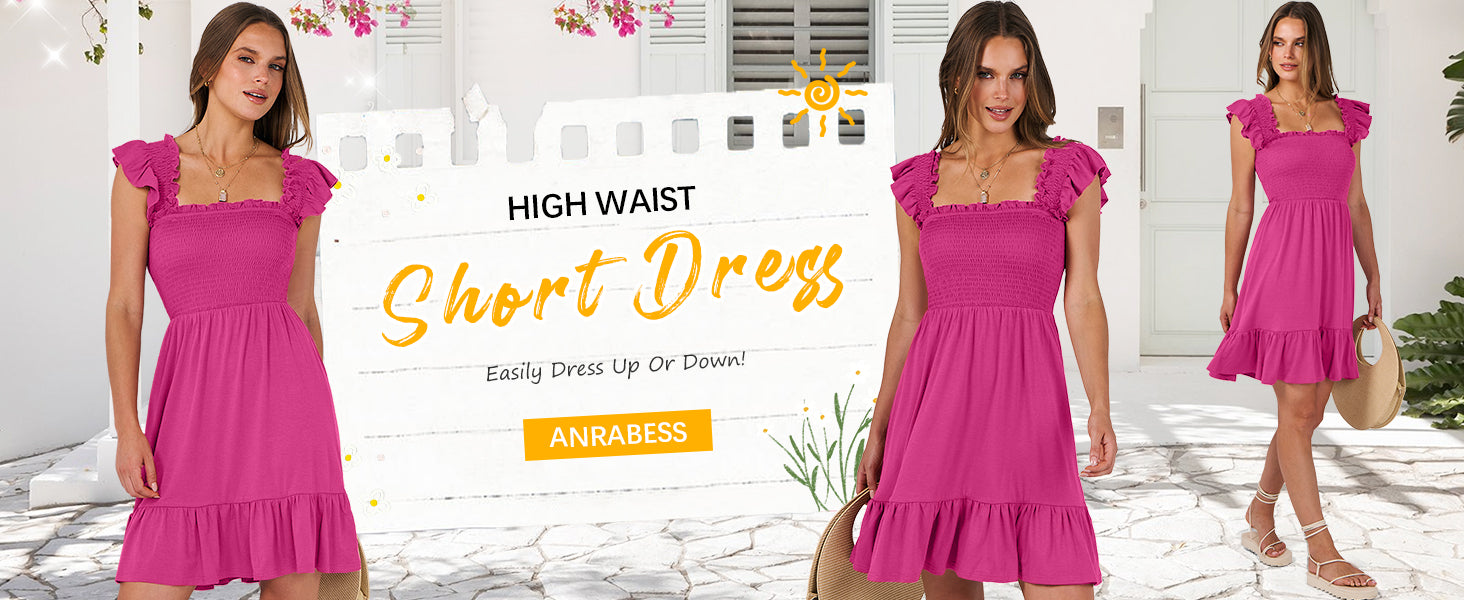 ANRABESS Women's Summer Casual Sleeveless Square Neck Dress 2026 Smocked Ruffle Backless Boho Beach Cute Teen Short Sundress