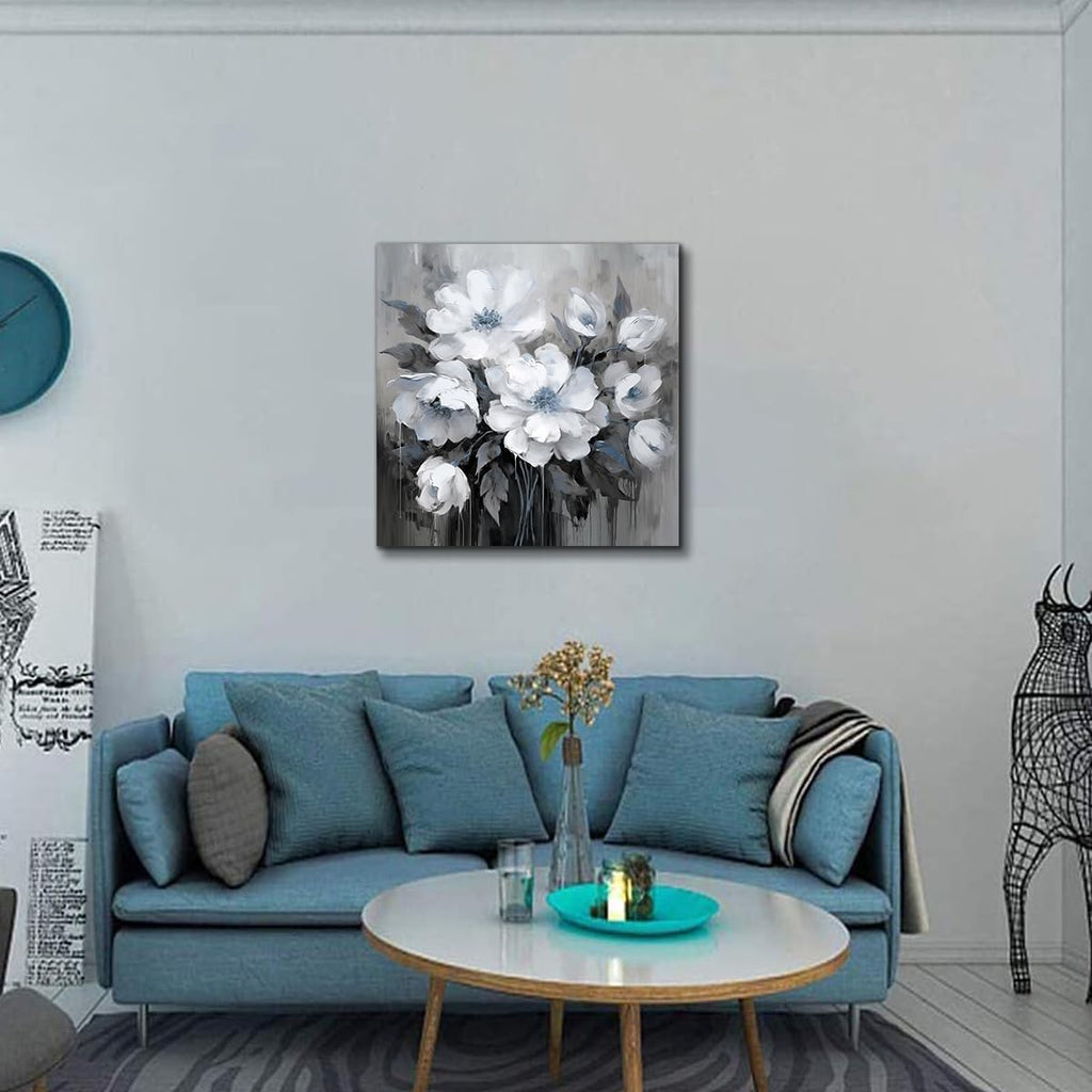 Bathroom Canvas Wall Art, Bathroom Wall Decor,Living Room, Bedroom,Office,Small Gray and White Blue Flower Wall Decoration, 12x12 inches