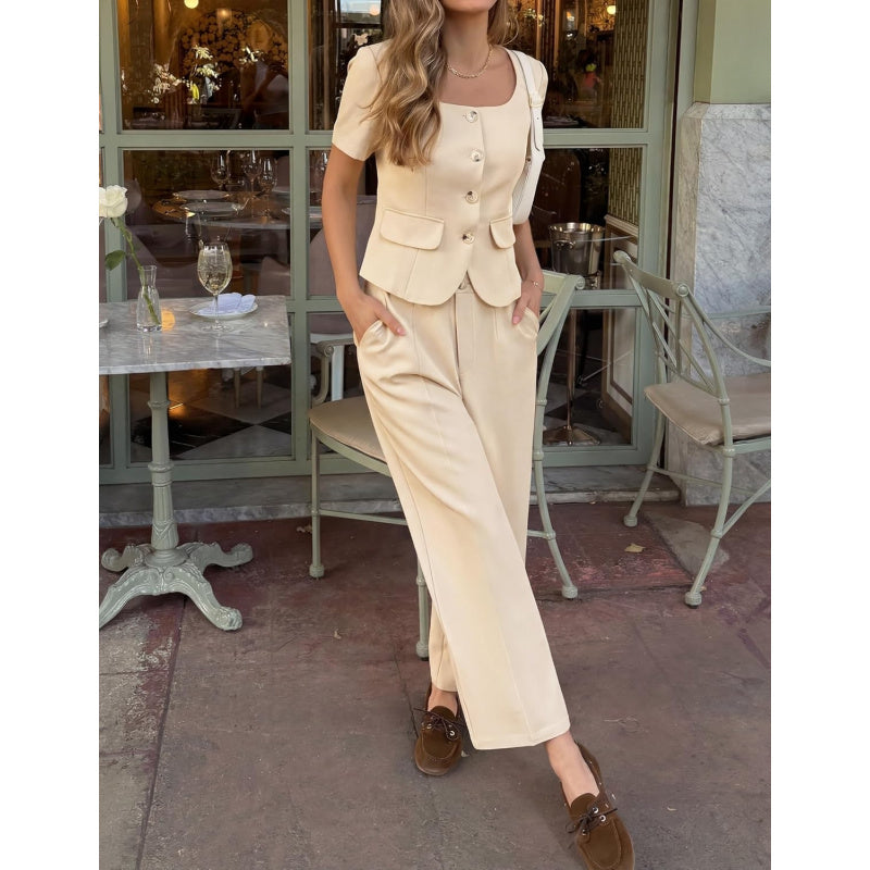 ZESICA Women's Summer Two Pieces Suits Set 2026 Short Sleeve Blazer Wide Leg Pants Business Casual Outfits Sets