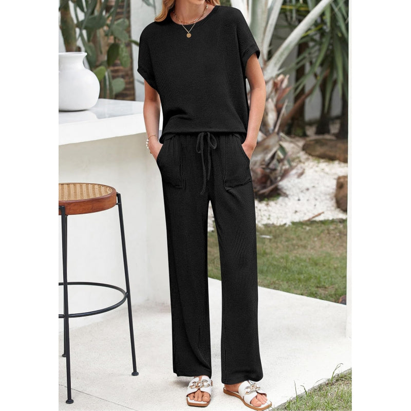 KIRUNDO 2 Piece Sets for Women Dressy Casual Ribbed Knit Short Sleeve Tops Wide Leg Pants Lounge Set Travel Airport Outfits