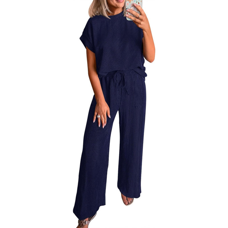 KIRUNDO 2 Piece Sets for Women Dressy Casual Ribbed Knit Short Sleeve Tops Wide Leg Pants Lounge Set Travel Airport Outfits