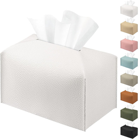 PU Leather Tissue Box Cover Holder Rectangle, Long Tissue Holder Case Facial Paper Organizer Dispenser for Bedroom, Vanity Countertop, Tabletop, Bathroom (1, White, Large)
