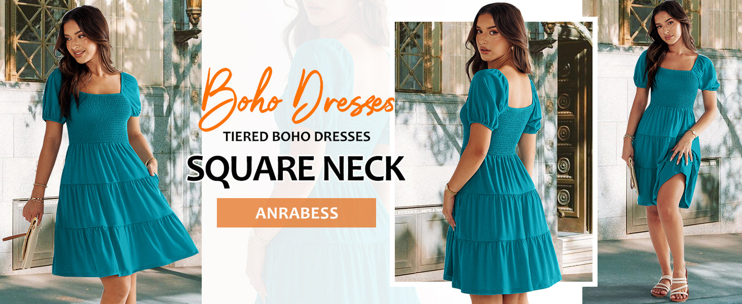 ANRABESS Women's Summer Casual Sleeveless Square Neck Dress 2026 Smocked Ruffle Backless Boho Beach Cute Teen Short Sundress