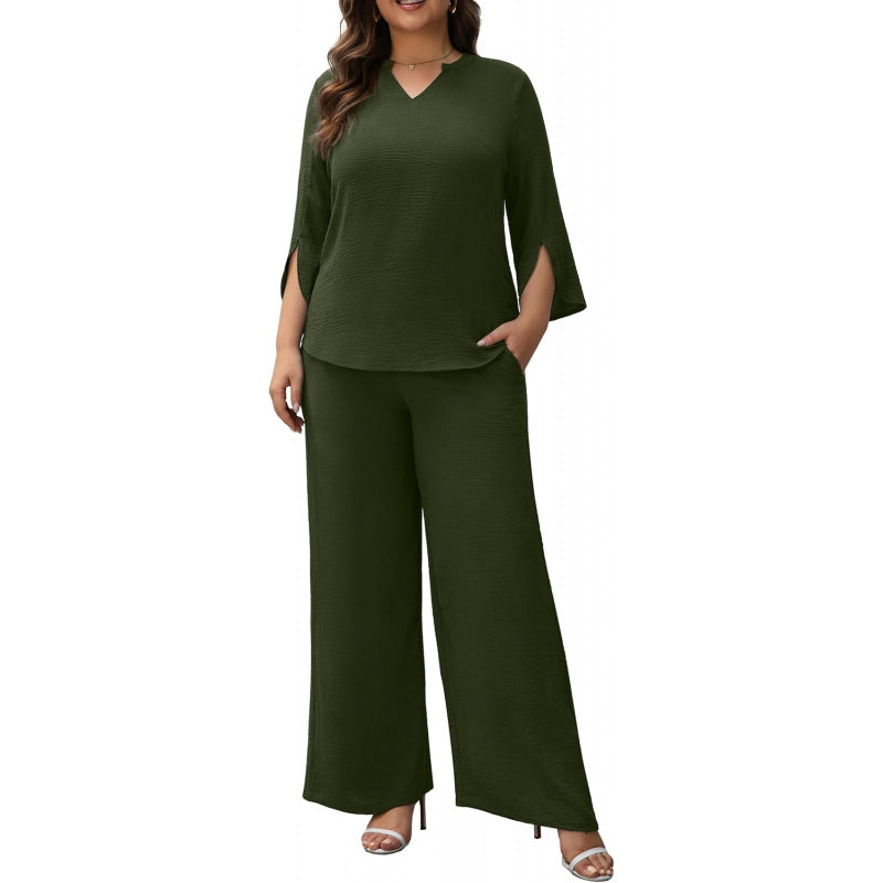 Pants Suits for Women Dressy Plus Size 2 Piece Sets 3/4 Sleeve Blouse Wide Leg Pant for Business Casual & Daily Wear