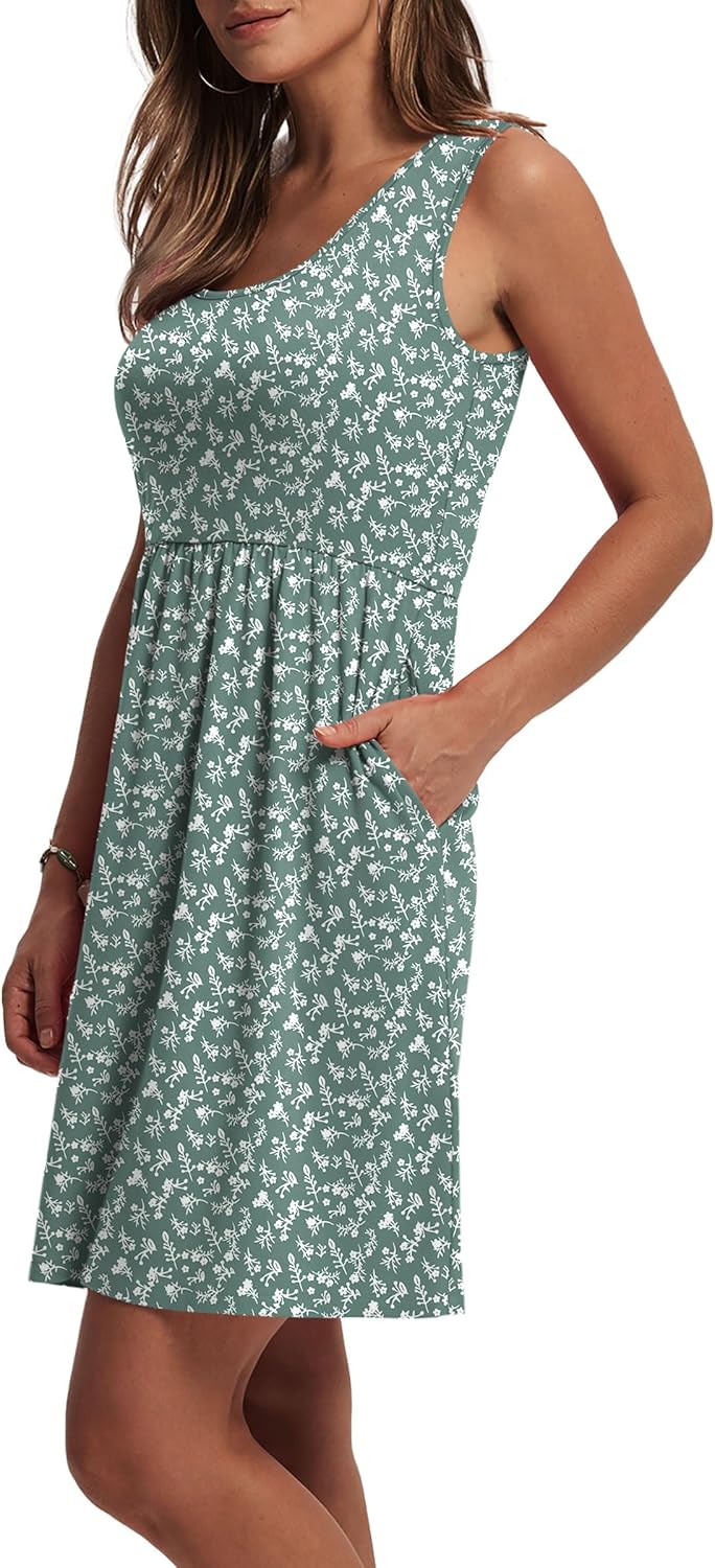 WIHOLL Women's Summer Dress 2026 A-Line Sleeveless Casual Sundress with Pockets Floral/Solid