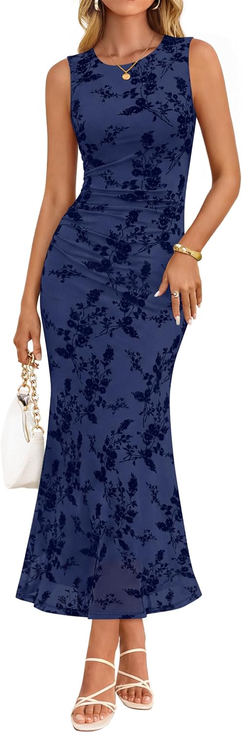 ZESICA Women's Sleeveless Floral Bodycon Maxi Dress 2026 Summer Ruched Mesh Wedding Guest Cocktail Party Dresses