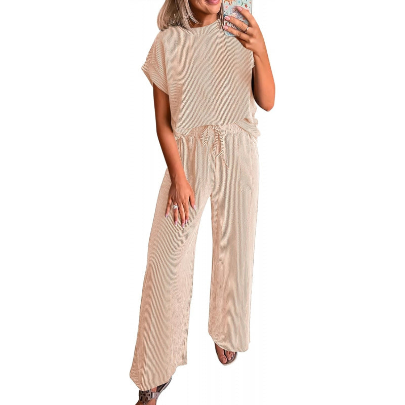 KIRUNDO 2 Piece Sets for Women Dressy Casual Ribbed Knit Short Sleeve Tops Wide Leg Pants Lounge Set Travel Airport Outfits
