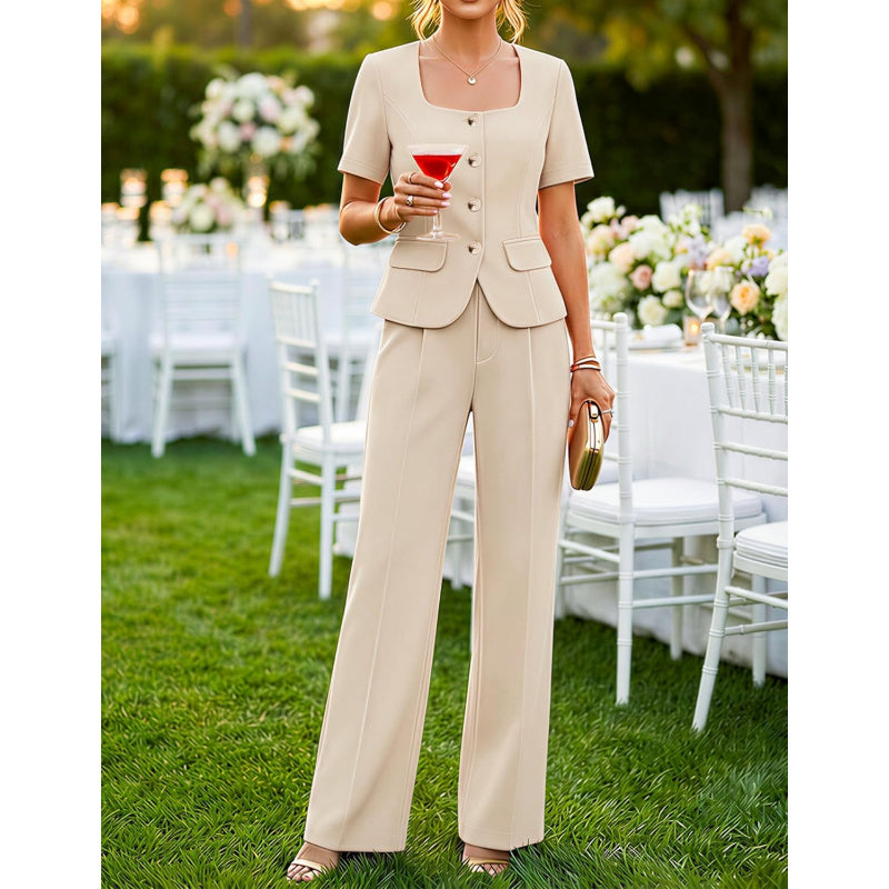 ZESICA Women's Summer Two Pieces Suits Set 2026 Short Sleeve Blazer Wide Leg Pants Business Casual Outfits Sets
