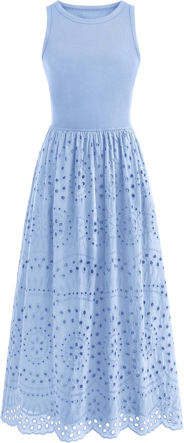 dowerme Women Summer Dresses 2026 Casual Sleeveless Crewneck A-Line Boho Lace Eyelet Cotton Tank Maxi Dress with Pockets
