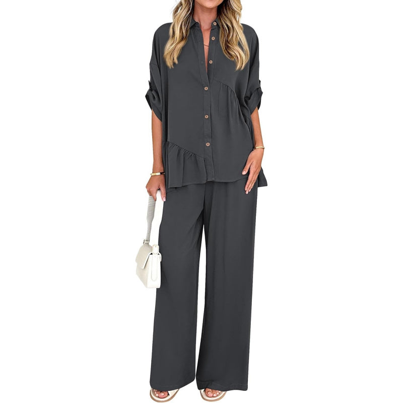 KIRUNDO Two Piece Sets for Women Spring Outfits 2026 Summer Fall Dressy Casual Button Down Shirt Wide Leg Pants Lounge Set