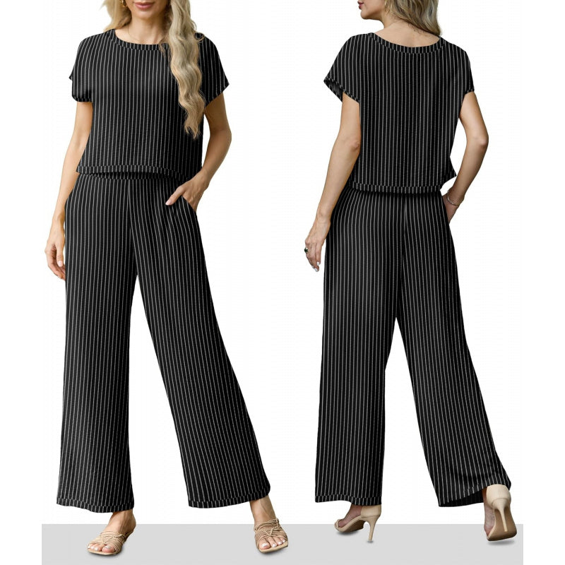 Lepunuo 2 Piece Sets for Women Summer Cap Sleeve Crop Top Wide Leg Pants Matching Lounge Set Vacation Beach Travel Outfits