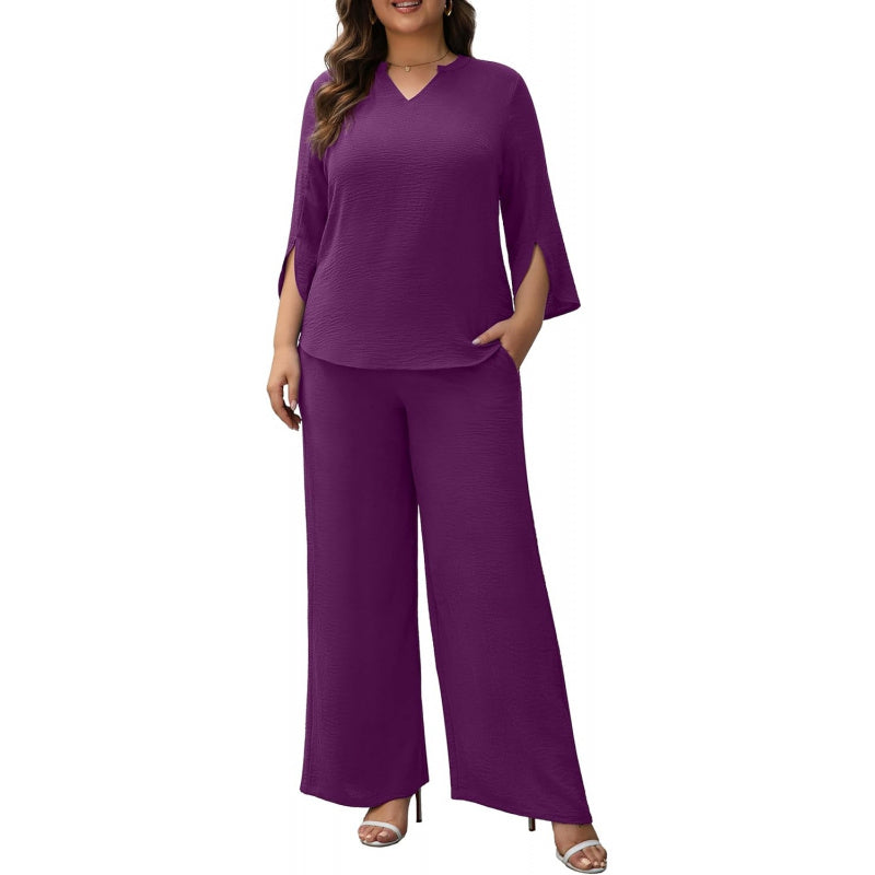 Pants Suits for Women Dressy Plus Size 2 Piece Sets 3/4 Sleeve Blouse Wide Leg Pant for Business Casual & Daily Wear