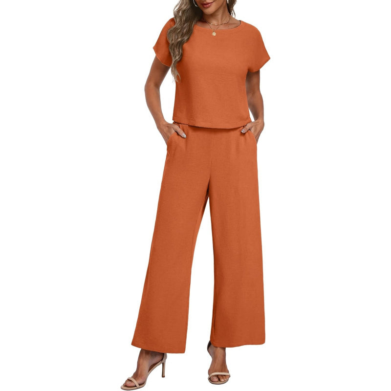 Lepunuo 2 Piece Sets for Women Summer Cap Sleeve Crop Top Wide Leg Pants Matching Lounge Set Vacation Beach Travel Outfits