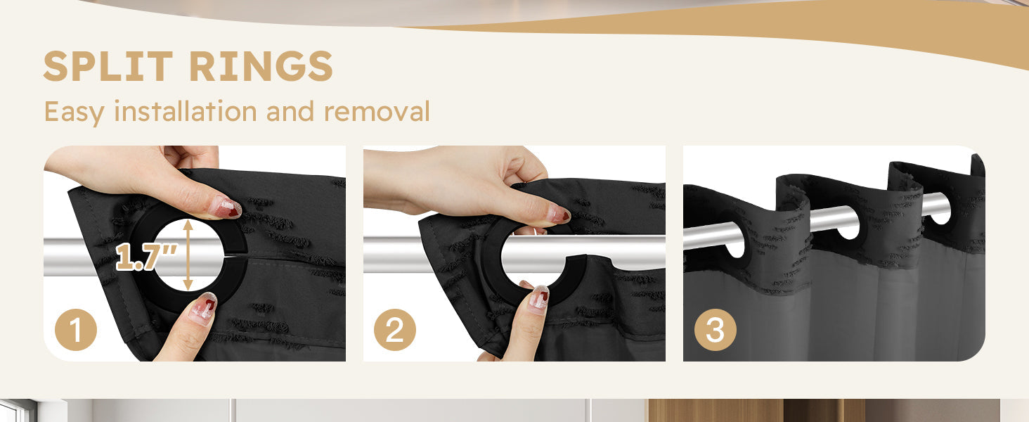 No Hook Shower Curtain and Liner Set, Black Snap in Shower Curtain Ringless Chevron Tufted Cloth Waterproof Washable Fabric Bath Curtain with See Through Top Window for Bathroom Hotel 71" x 74"
