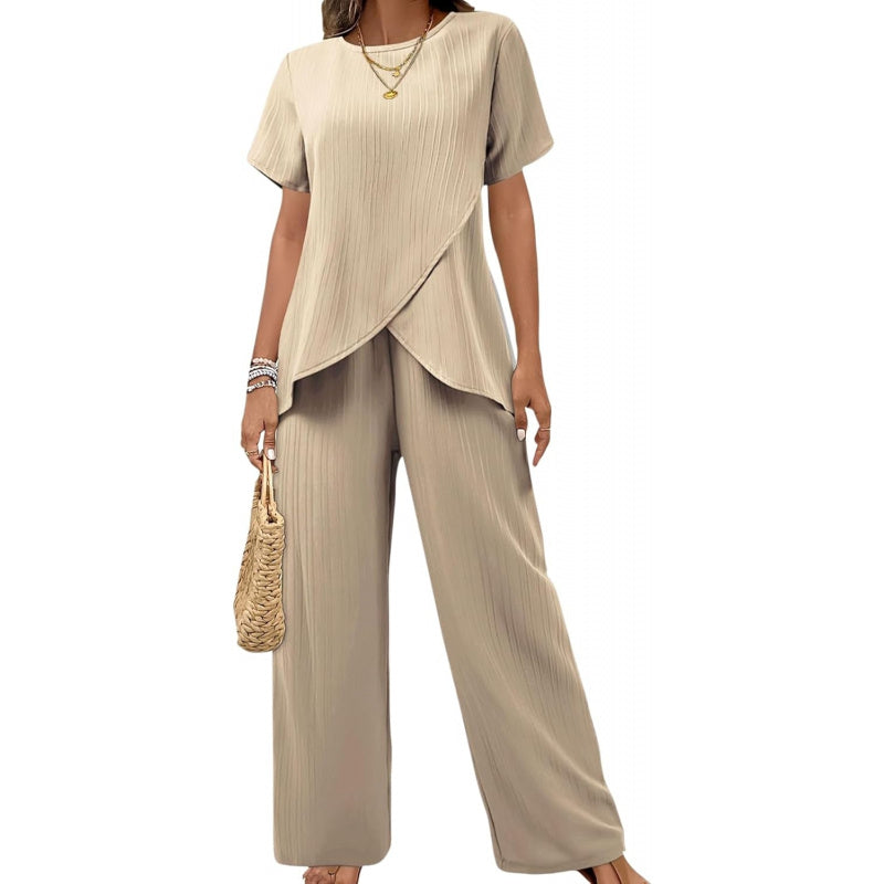 Pants Suits for Women Dressy Casual Summer Outfits 2026 Short Sleeve Ruffle Layered Tops Wide Leg Pants Matching Set