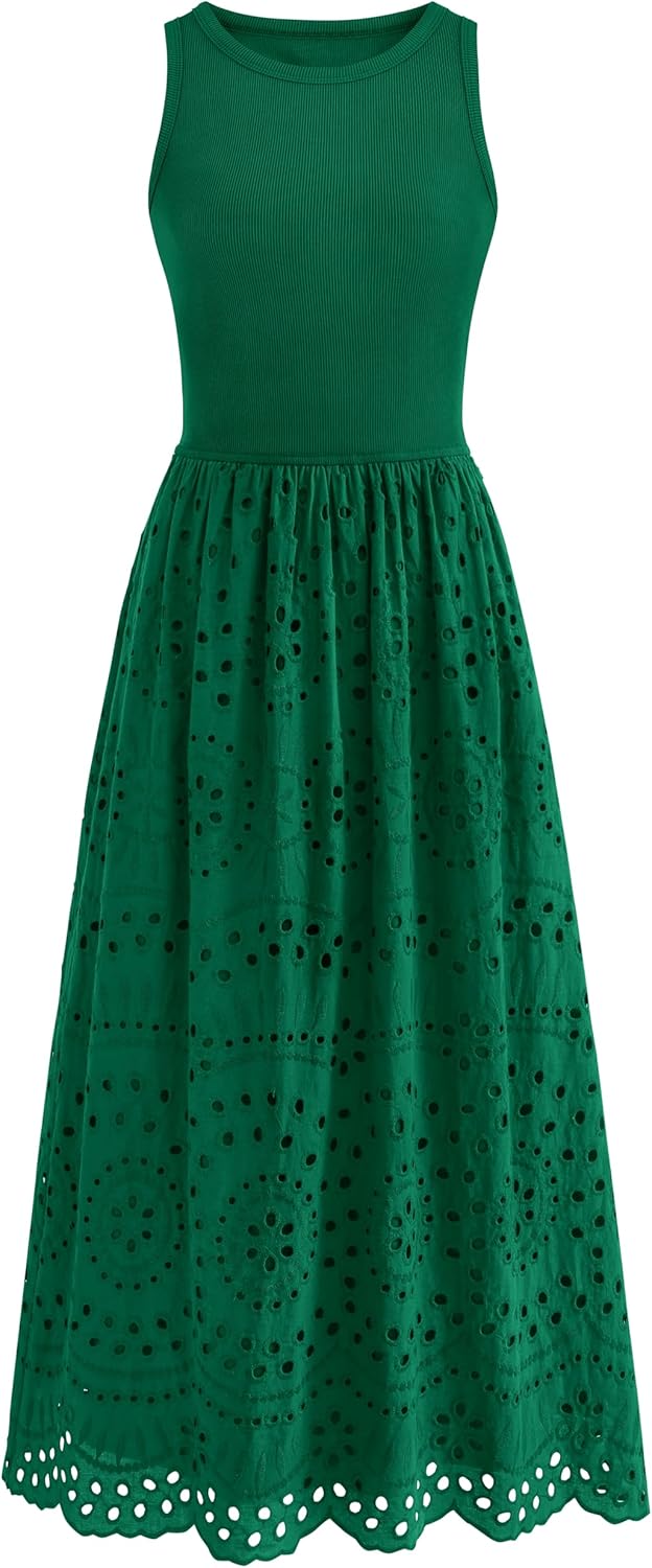 dowerme Women Summer Dresses 2026 Casual Sleeveless Crewneck A-Line Boho Lace Eyelet Cotton Tank Maxi Dress with Pockets