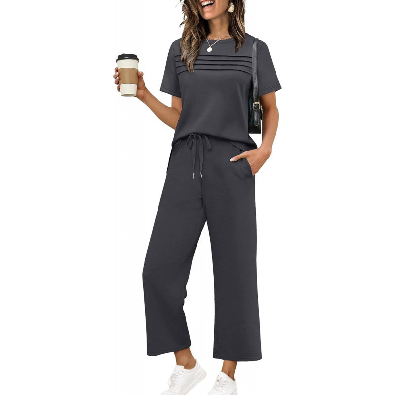 WIHOLL Two Piece Sets for Women Summer Spring Travel Vacation Outfits Short Sleeve Lounge Sets Side Slit Wide Leg Pants S-3XL