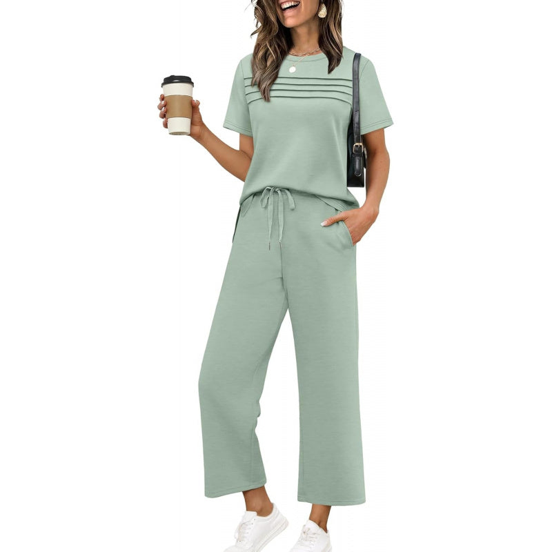 WIHOLL Two Piece Sets for Women Summer Spring Travel Vacation Outfits Short Sleeve Lounge Sets Side Slit Wide Leg Pants S-3XL