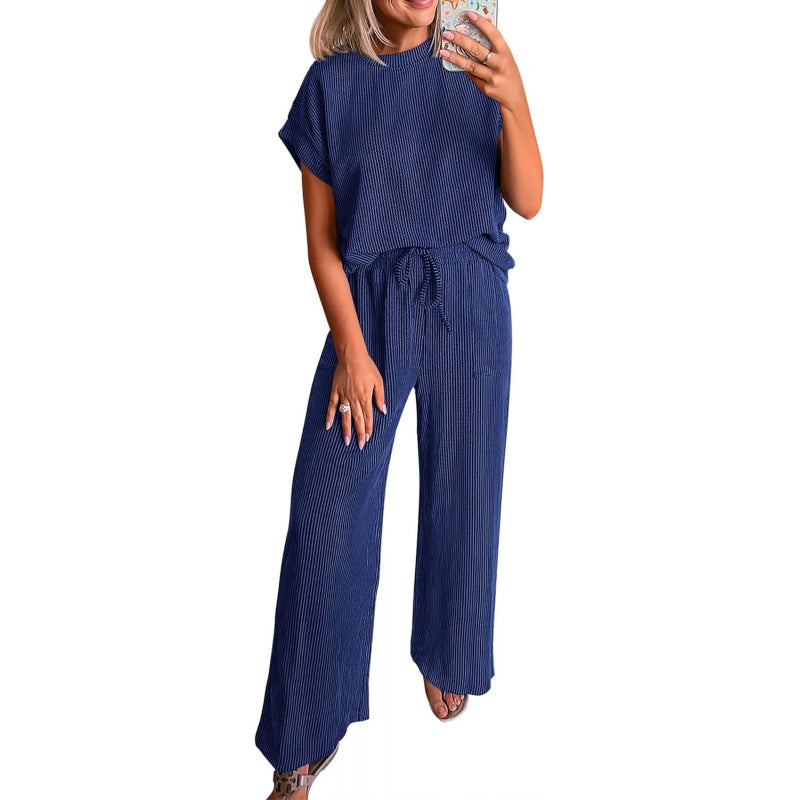 KIRUNDO 2 Piece Sets for Women Dressy Casual Ribbed Knit Short Sleeve Tops Wide Leg Pants Lounge Set Travel Airport Outfits