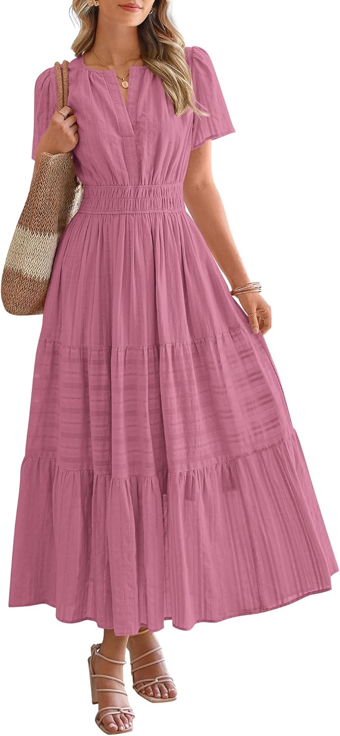 BTFBM Womens Summer 2026 Casual Midi Maxi Dresses Lightweight Short Sleeve V Neck Elastic Waist Boho Beach Dress Pockets
