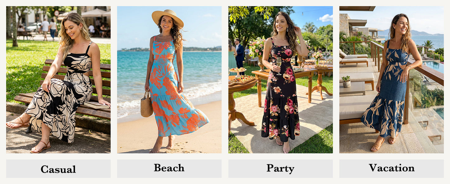 CHICME Summer Dresses for Women 2026 Sleeveless Casual Boho Maxi Dress Square Neck Cut Out Floral A Line Dress