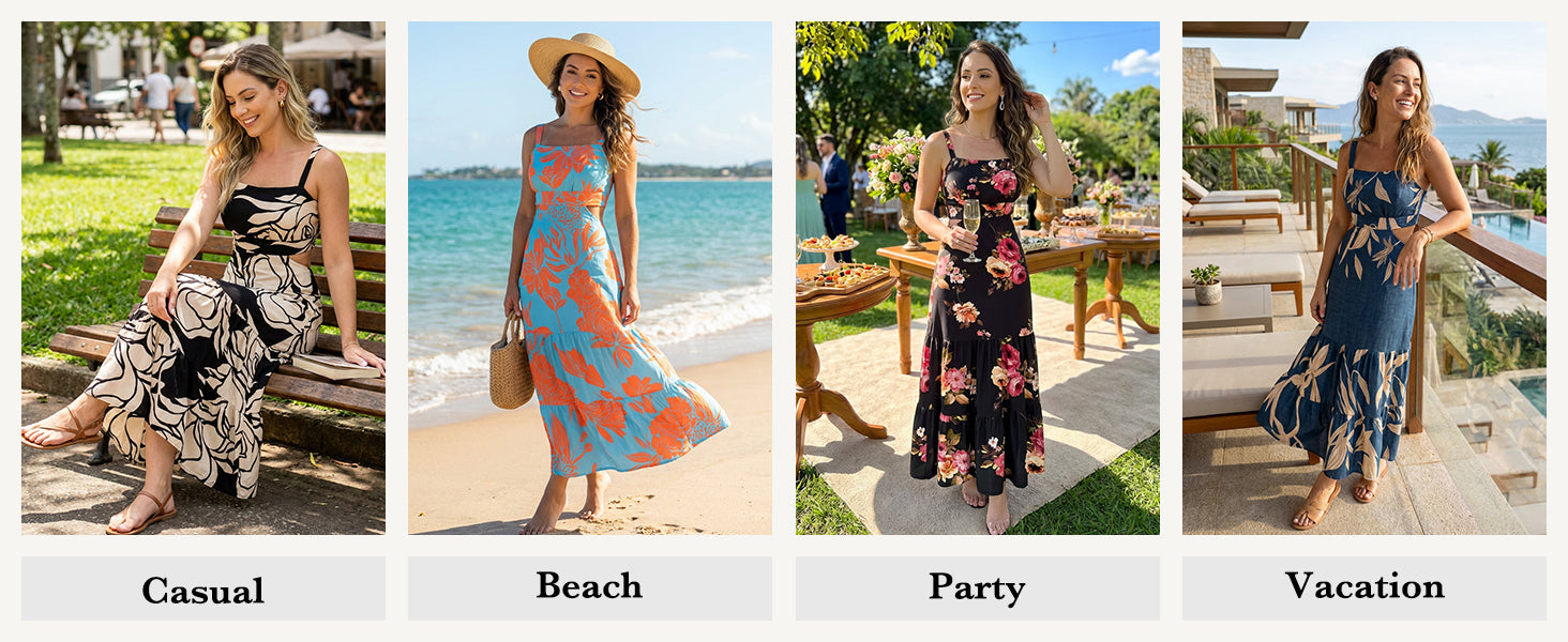 CHICME Summer Dresses for Women 2026 Sleeveless Casual Boho Maxi Dress Square Neck Cut Out Floral A Line Dress