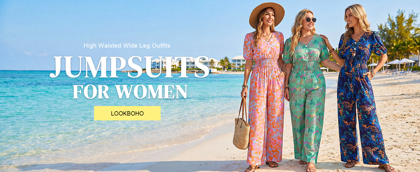 LOOKBOHO Womens Jumpsuits Short Sleeve V Neck Dressy Casual Wide Leg Pants Romper 2026 Summer One Piece Outfits