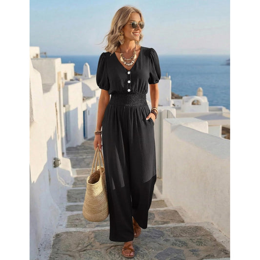 LOOKBOHO Womens Jumpsuits Short Sleeve V Neck Dressy Casual Wide Leg Pants Romper 2026 Summer One Piece Outfits
