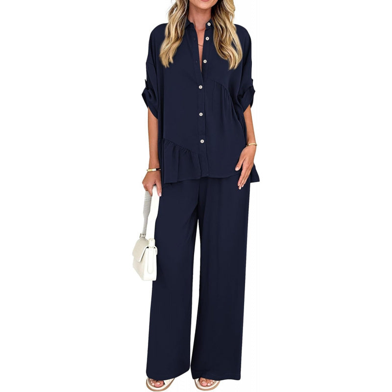 KIRUNDO Two Piece Sets for Women Spring Outfits 2026 Summer Fall Dressy Casual Button Down Shirt Wide Leg Pants Lounge Set