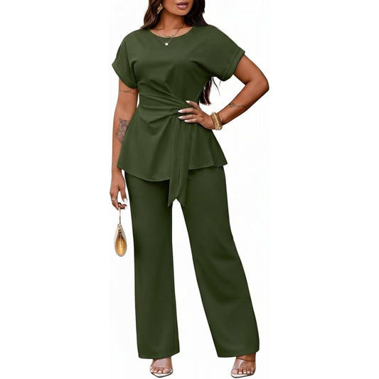 Ekaliy Women's 2 Piece Outfits Short Sleeve Peplum Top Flared Pant Business Suit Set Dressy Pantsuits