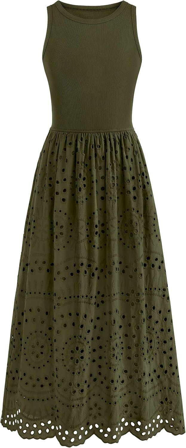 dowerme Women Summer Dresses 2026 Casual Sleeveless Crewneck A-Line Boho Lace Eyelet Cotton Tank Maxi Dress with Pockets