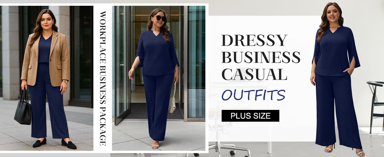 Pants Suits for Women Dressy Plus Size 2 Piece Sets 3/4 Sleeve Blouse Wide Leg Pant for Business Casual & Daily Wear