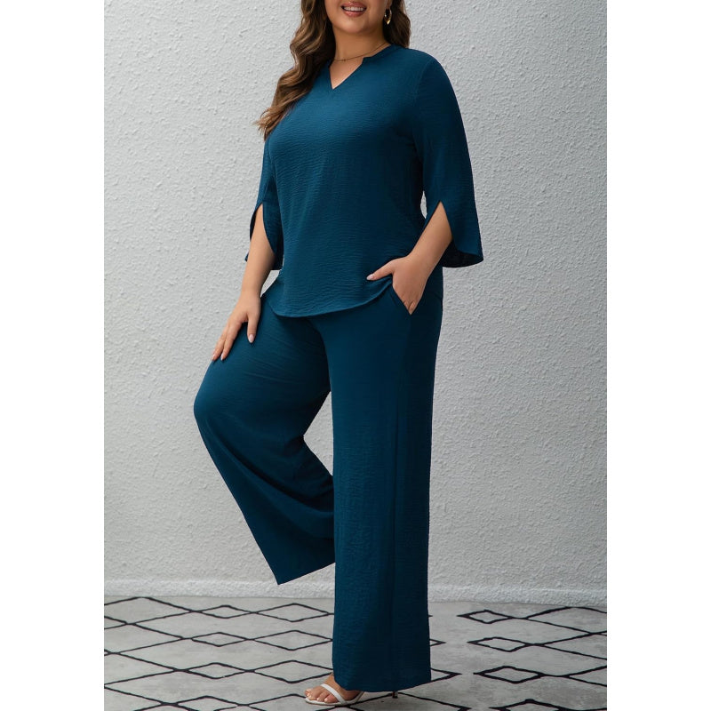 Pants Suits for Women Dressy Plus Size 2 Piece Sets 3/4 Sleeve Blouse Wide Leg Pant for Business Casual & Daily Wear