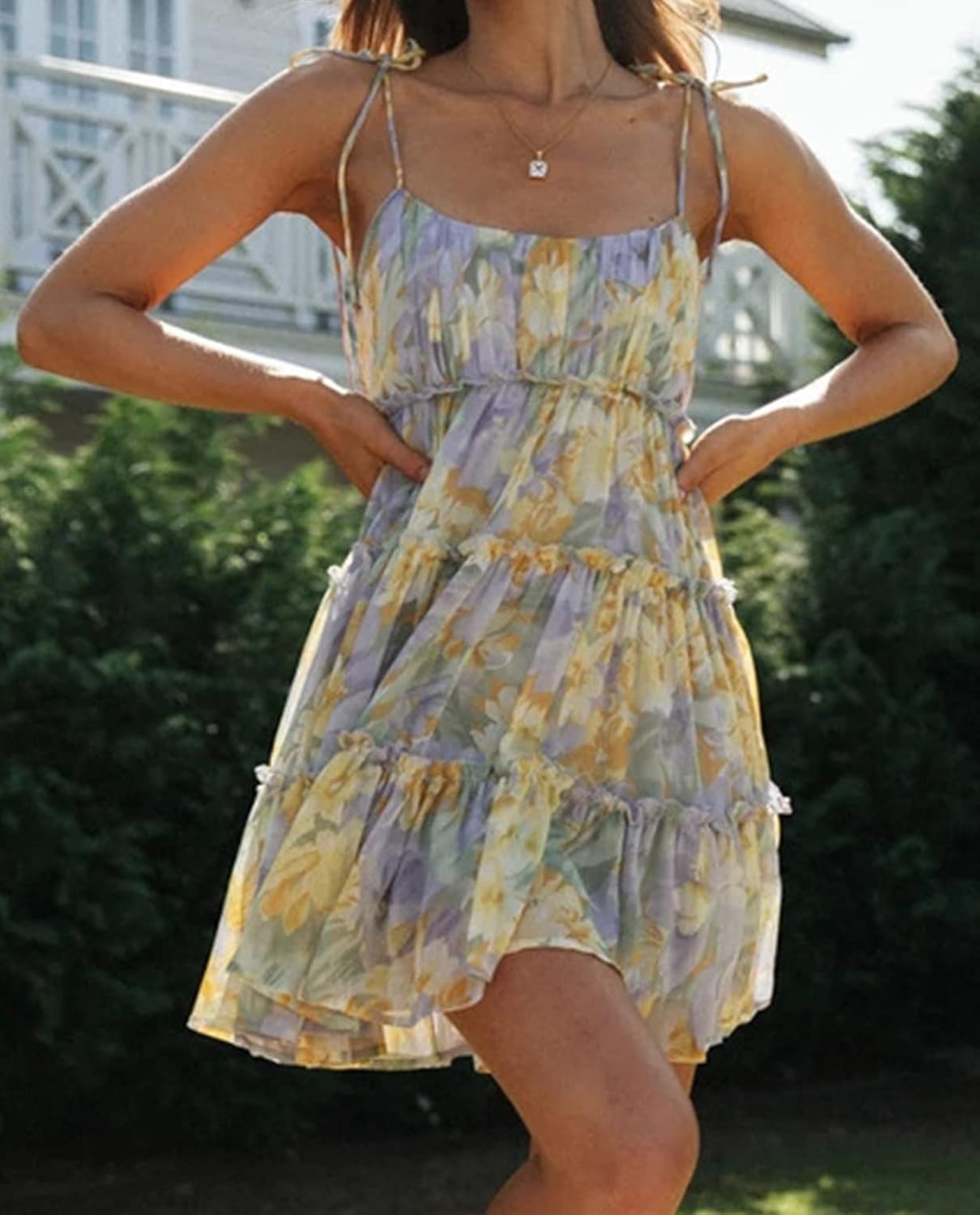 Mansy Womens 2026 Summer Floral Mini Dress Boho Flowy Skater Dresses Short Sleeveless Ruffle Spaghetti Strap Dress