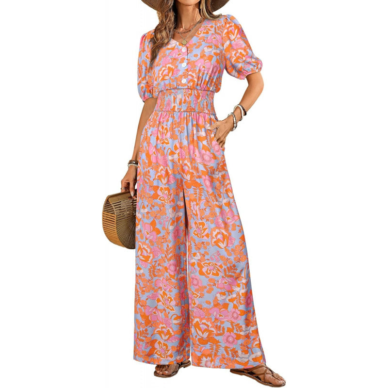 LOOKBOHO Womens Jumpsuits Short Sleeve V Neck Dressy Casual Wide Leg Pants Romper 2026 Summer One Piece Outfits