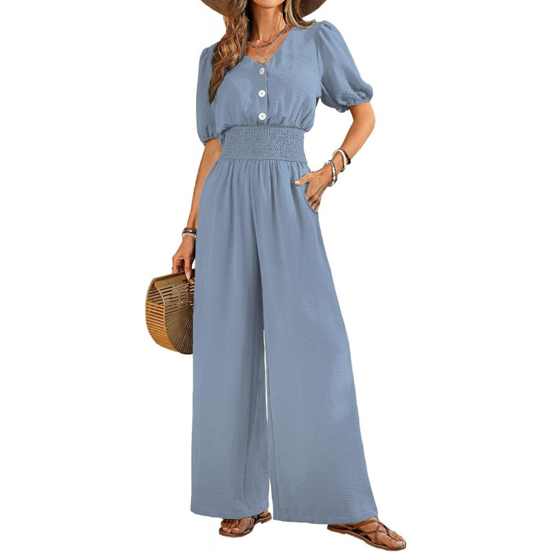 LOOKBOHO Womens Jumpsuits Short Sleeve V Neck Dressy Casual Wide Leg Pants Romper 2026 Summer One Piece Outfits