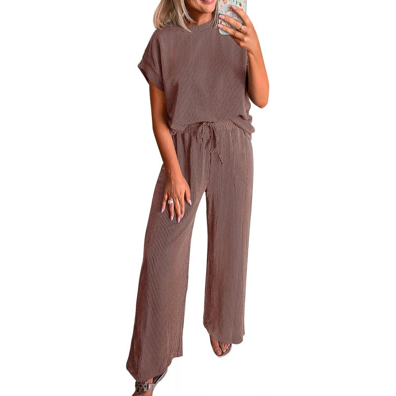 KIRUNDO 2 Piece Sets for Women Dressy Casual Ribbed Knit Short Sleeve Tops Wide Leg Pants Lounge Set Travel Airport Outfits