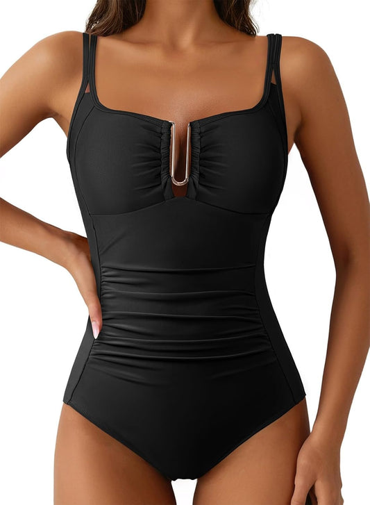 Aleumdr Womens One Piece Swimsuits Tummy Control Bathing Suit U-Wire Cutout Ruched Slimming Swimwear