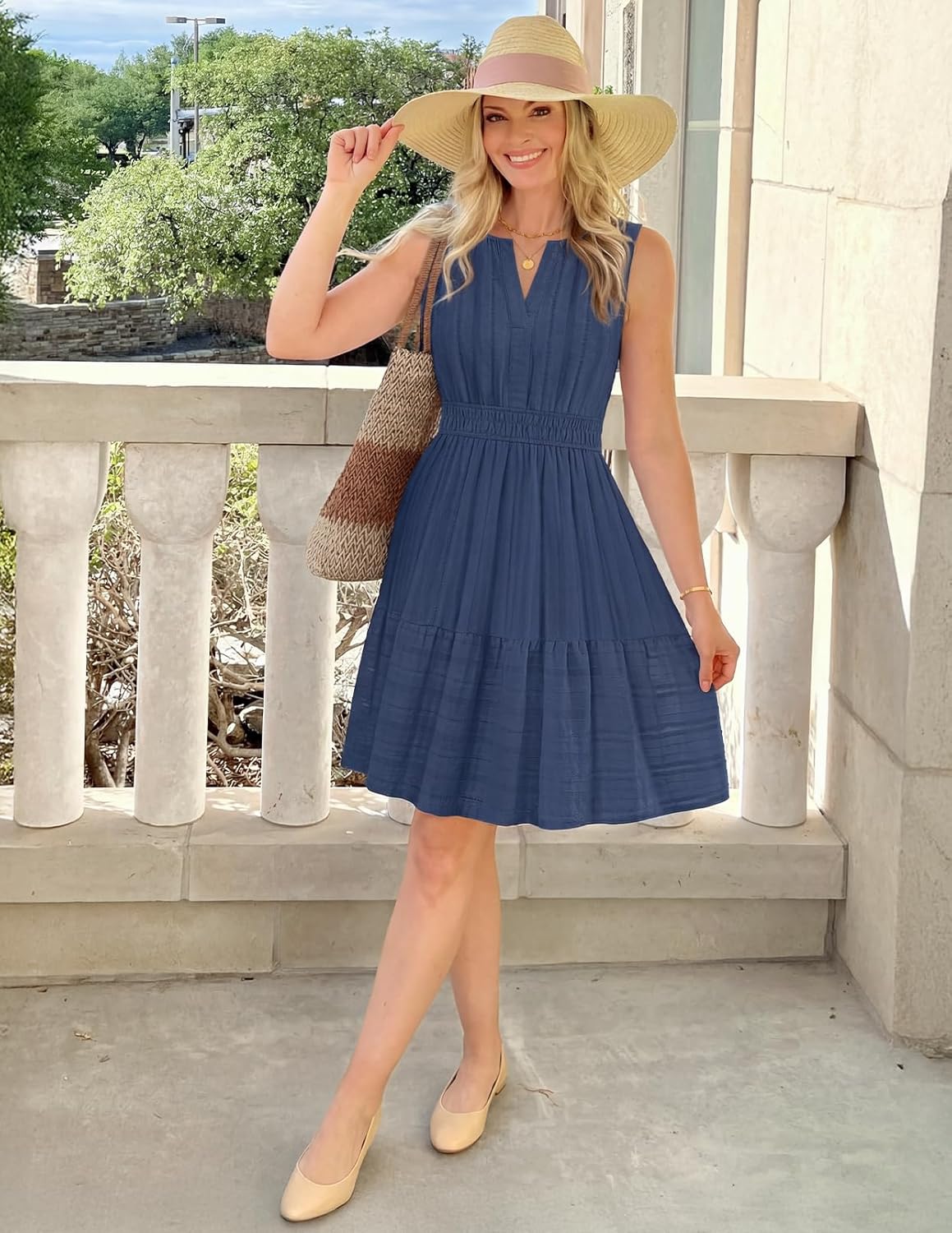 MEROKEETY Women's 2026 Summer Casual Mini Sundress Beach Vacation Sleeveless V Neck Flowy A Line Dress with Pockets